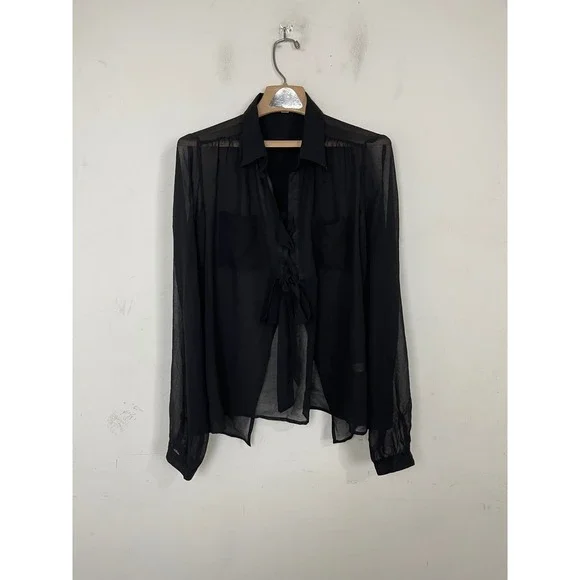 Cecico Black Sheer Chiffon Tie Front Split Back Long Sleeve Blouse Size L - Picture 1 of 10